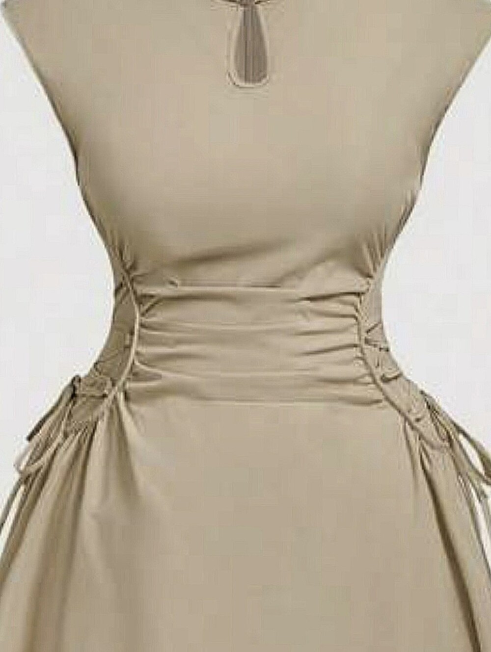 Cheongsam Mandarin Collar Sleeveless Ruched Midi Khaki Dress Size 14 (XL)